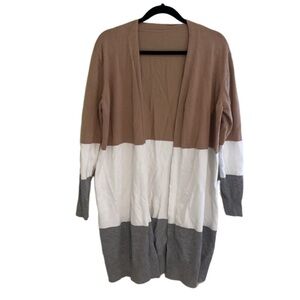 Long colorblock cardigan. Size L. Tan/gray/white.